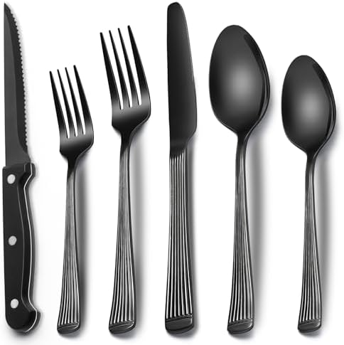 24-Piece Black Silverware Set with Steak Knives, Black Flatware Set for 4, Food-Grade Stainless Steel Tableware Cutlery Set, Mirror Finished Utensil Sets for Home Restaurant