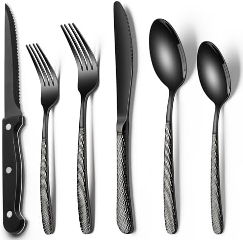 24-Piece Black Silverware Set with Steak Knives, Black Flatware Set for 4, Food-Grade Stainless Steel Tableware Cutlery Set, Mirror Finished Utensil Sets for Home Restaurant