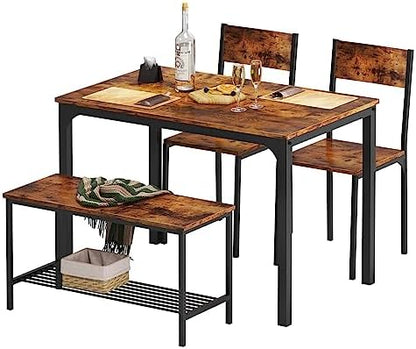 soges 4 Person Dining Table Set, 43.3inch Kitchen Table Set for 4, Dining Room 2 Chairs with Backrest, 2-Person Bench with Storage Rack, Vintage Brown