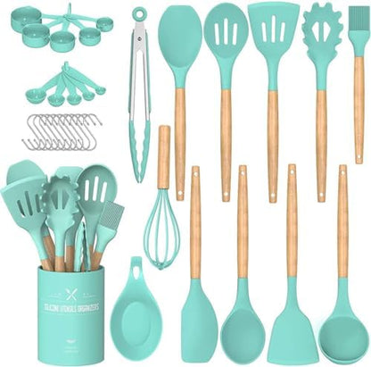 Umite Chef Kitchen Cooking Utensils Set, 33 pcs Non-Stick Silicone Cooking Kitchen Utensils Spatula Set with Holder, Wooden Handle Silicone Kitchen Gadgets Utensil Set (Khaki)