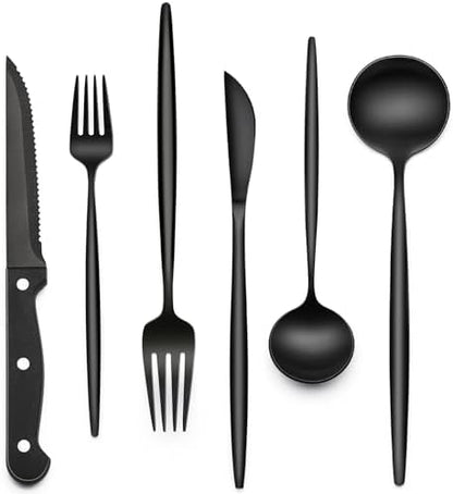 Juego de cubiertos negros de 24 piezas con cuchillos para carne, juego de cubiertos negros para 4, juego de cubiertos de acero inoxidable de grado alimenticio, juegos de utensilios con acabado de espejo para el hogar y el restaurante