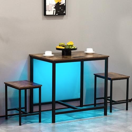 Finnhomy 3-Piece Dining Table Set, Small Kitchen Table with 2 Chairs, LED Light and USB Type-C Power Outlet, Space-Saving Design for Dining Room, Living Room, Apartment, Rustic Black