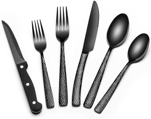 24-Piece Black Silverware Set with Steak Knives, Black Flatware Set for 4, Food-Grade Stainless Steel Tableware Cutlery Set, Mirror Finished Utensil Sets for Home Restaurant