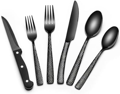 24-Piece Black Silverware Set with Steak Knives, Black Flatware Set for 4, Food-Grade Stainless Steel Tableware Cutlery Set, Mirror Finished Utensil Sets for Home Restaurant