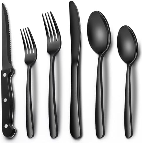 24-Piece Black Silverware Set with Steak Knives, Black Flatware Set for 4, Food-Grade Stainless Steel Tableware Cutlery Set, Mirror Finished Utensil Sets for Home Restaurant