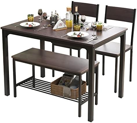 soges 4 Person Dining Table Set, 43.3inch Kitchen Table Set for 4, Dining Room 2 Chairs with Backrest, 2-Person Bench with Storage Rack, Vintage Brown