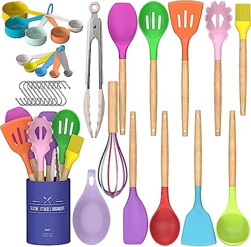 Umite Chef - Juego de utensilios de cocina de silicona antiadherentes, 33 piezas, espátula con soporte, mango de madera, juego de utensilios de cocina de silicona (caqui)