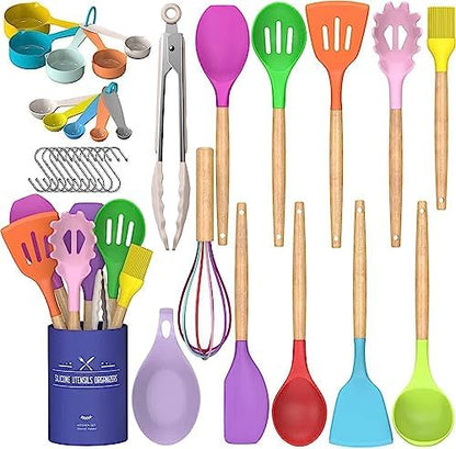 Umite Chef Kitchen Cooking Utensils Set, 33 pcs Non-Stick Silicone Cooking Kitchen Utensils Spatula Set with Holder, Wooden Handle Silicone Kitchen Gadgets Utensil Set (Khaki)