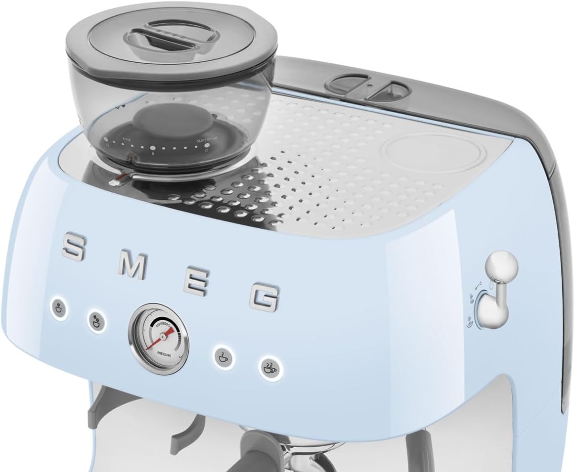 Cafetera espresso semiautomática Smeg Retro, EGF03PBUS, color azul pastel