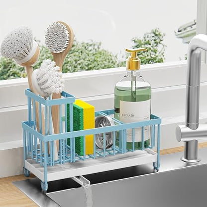 Cisily Sponge Holder for Kitchen Sink, Sink Caddy with High Brush Holder, Kitchen Sink Organizer Countertop Rustproof 304 Stainless Steel , Soap Dispenser Kitchen Organizers and Storage Essentials