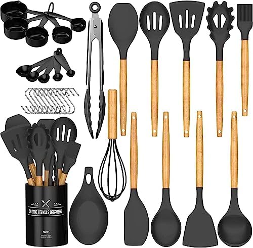 Umite Chef - Juego de utensilios de cocina de silicona antiadherentes, 33 piezas, espátula con soporte, mango de madera, juego de utensilios de cocina de silicona (caqui)