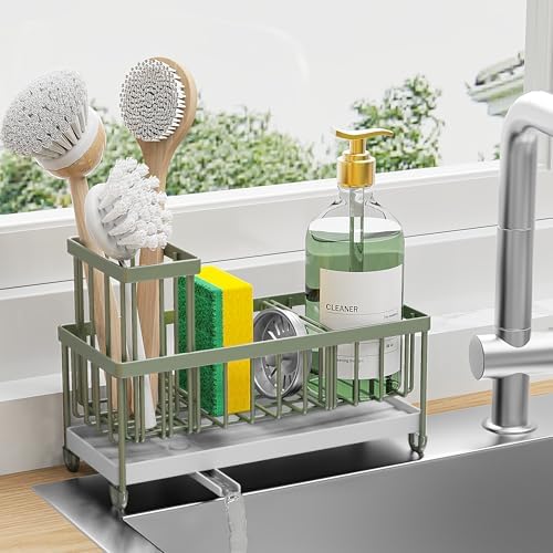 Cisily Sponge Holder for Kitchen Sink, Sink Caddy with High Brush Holder, Kitchen Sink Organizer Countertop Rustproof 304 Stainless Steel , Soap Dispenser Kitchen Organizers and Storage Essentials