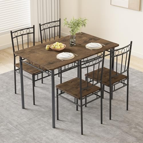 Dining Table Set for 4, 5-Piece Kitchen Table and Chairs, Rectangular Dining Room Table Set with 4 Chairs, Space-Saving Kitchen Table Set for Small Space,Dinette,Apartment,Retro Brown