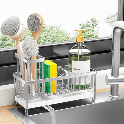 Cisily Sponge Holder for Kitchen Sink, Sink Caddy with High Brush Holder, Kitchen Sink Organizer Countertop Rustproof 304 Stainless Steel , Soap Dispenser Kitchen Organizers and Storage Essentials