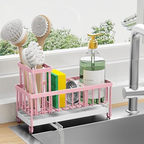 Cisily Sponge Holder for Kitchen Sink, Sink Caddy with High Brush Holder, Kitchen Sink Organizer Countertop Rustproof 304 Stainless Steel , Soap Dispenser Kitchen Organizers and Storage Essentials