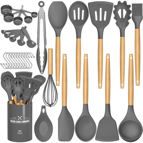 Umite Chef Kitchen Cooking Utensils Set, 33 pcs Non-Stick Silicone Cooking Kitchen Utensils Spatula Set with Holder, Wooden Handle Silicone Kitchen Gadgets Utensil Set (Khaki)