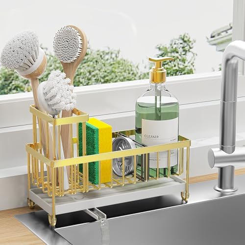 Cisily Sponge Holder for Kitchen Sink, Sink Caddy with High Brush Holder, Kitchen Sink Organizer Countertop Rustproof 304 Stainless Steel , Soap Dispenser Kitchen Organizers and Storage Essentials