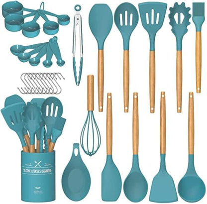 Umite Chef - Juego de utensilios de cocina de silicona antiadherentes, 33 piezas, espátula con soporte, mango de madera, juego de utensilios de cocina de silicona (caqui)