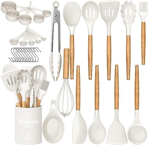 Umite Chef - Juego de utensilios de cocina de silicona antiadherentes, 33 piezas, espátula con soporte, mango de madera, juego de utensilios de cocina de silicona (caqui)