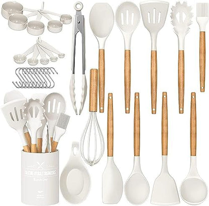 Umite Chef Kitchen Cooking Utensils Set, 33 pcs Non-Stick Silicone Cooking Kitchen Utensils Spatula Set with Holder, Wooden Handle Silicone Kitchen Gadgets Utensil Set (Khaki)