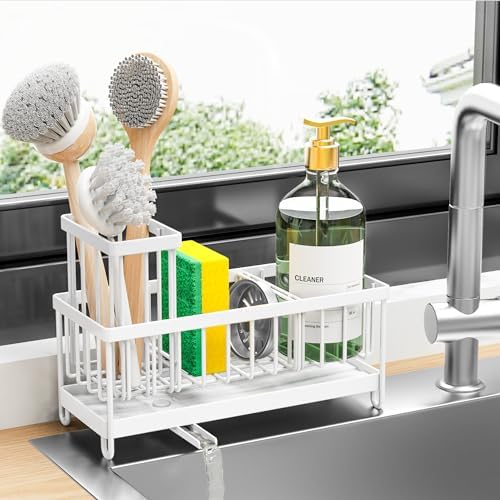 Cisily Sponge Holder for Kitchen Sink, Sink Caddy with High Brush Holder, Kitchen Sink Organizer Countertop Rustproof 304 Stainless Steel , Soap Dispenser Kitchen Organizers and Storage Essentials