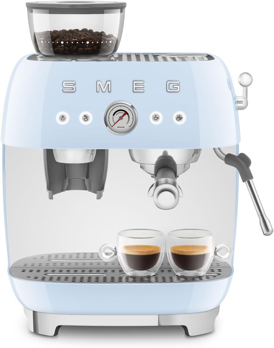 Cafetera espresso semiautomática Smeg Retro, EGF03PBUS, color azul pastel