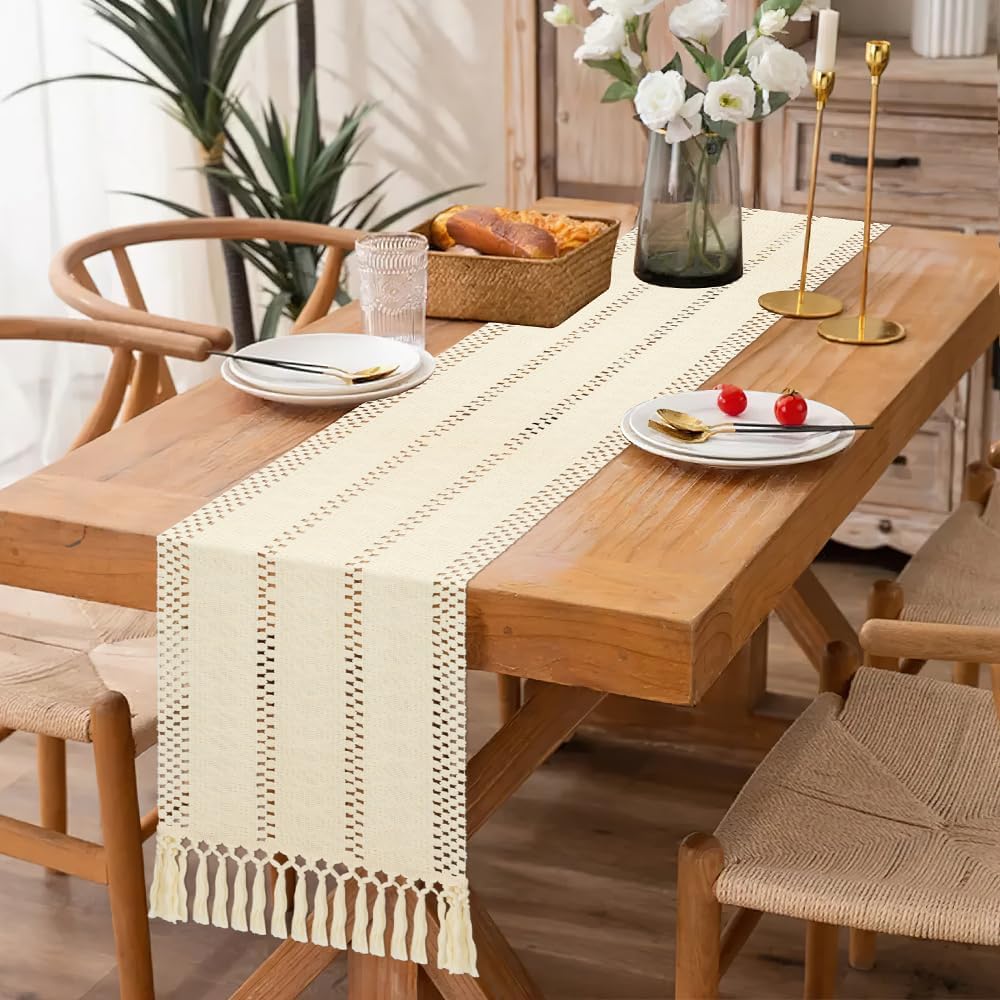 Camino de mesa estilo bohemio, estilo rústico, de 72 pulgadas de largo, de algodón y macramé, con borlas para mesa de café, para despedidas de soltera, bodas, cocinas, comedores, decoración del hogar, color marrón