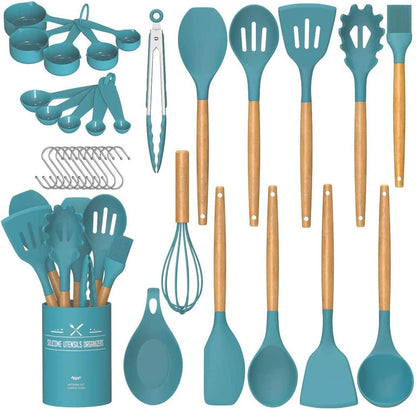 Umite Chef - Juego de utensilios de cocina de silicona antiadherentes, 33 piezas, espátula con soporte, mango de madera, juego de utensilios de cocina de silicona (caqui)