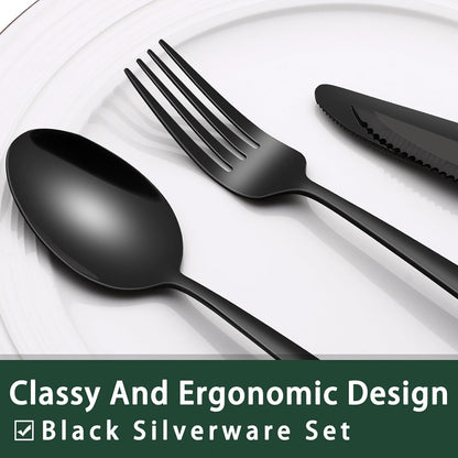 24-Piece Black Silverware Set with Steak Knives, Black Flatware Set for 4, Food-Grade Stainless Steel Tableware Cutlery Set, Mirror Finished Utensil Sets for Home Restaurant