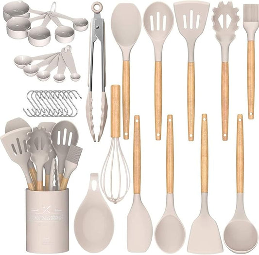 Umite Chef - Juego de utensilios de cocina de silicona antiadherentes, 33 piezas, espátula con soporte, mango de madera, juego de utensilios de cocina de silicona (caqui)