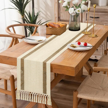 Camino de mesa estilo bohemio, estilo rústico, de 72 pulgadas de largo, de algodón y macramé, con borlas para mesa de café, para despedidas de soltera, bodas, cocinas, comedores, decoración del hogar, color marrón