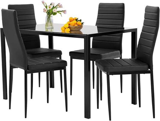 Juego de mesa de comedor FDW, juego de mesa de comedor de vidrio para espacios pequeños, mesa de cocina y sillas para 4, mesa con sillas, muebles para el hogar rectangulares modernos (vidrio negro)