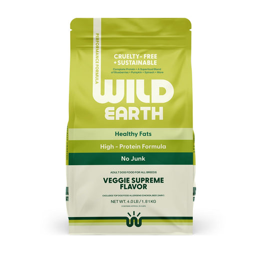 Wild Earth Vegan Dry Dog Food Performance Formula | Plant-Based Vegetarian Kibble | Wheat-Free, Allergen-Free, Veterinarian-Developed | Veggie Supreme Flavor, 4lb Bag