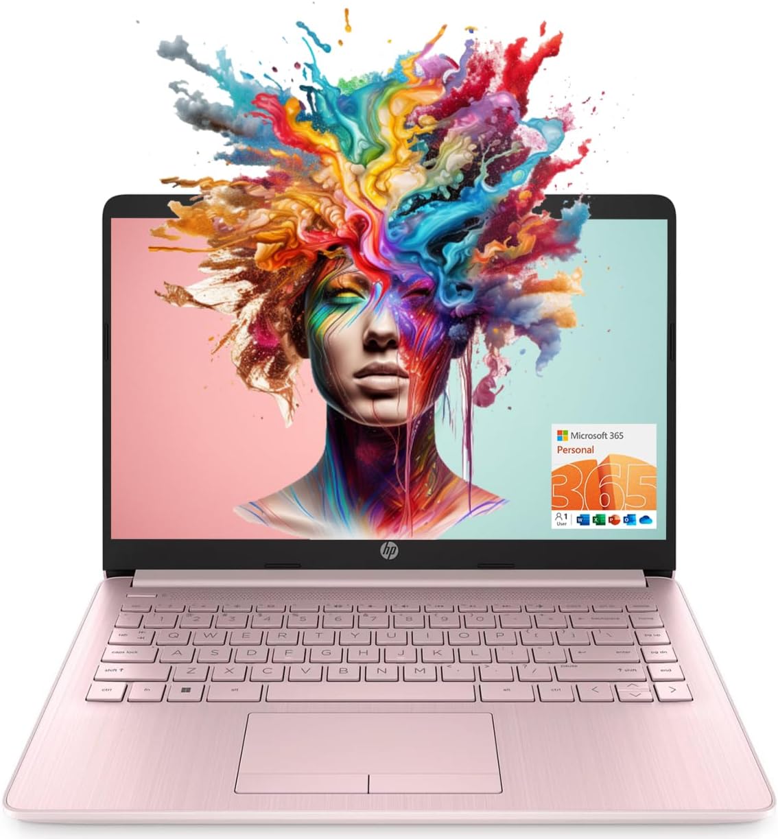 HP 便携式笔记本电脑（包含 1 年 Microsoft 365），14 英寸高清显示屏，16GB RAM，64GB eMMC，英特尔四核 N4120，学生和商务，网络摄像头，HDMI，Wi-Fi，RJ-45，Windows 11 家庭版，粉色