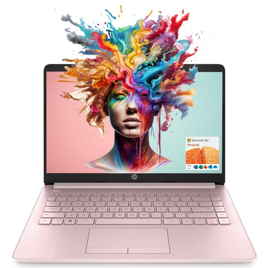 HP 便携式笔记本电脑（包含 1 年 Microsoft 365），14 英寸高清显示屏，16GB RAM，64GB eMMC，英特尔四核 N4120，学生和商务，网络摄像头，HDMI，Wi-Fi，RJ-45，Windows 11 家庭版，粉色