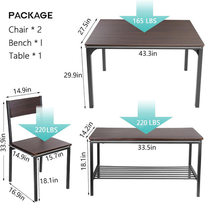 soges 4 Person Dining Table Set, 43.3inch Kitchen Table Set for 4, Dining Room 2 Chairs with Backrest, 2-Person Bench with Storage Rack, Vintage Brown