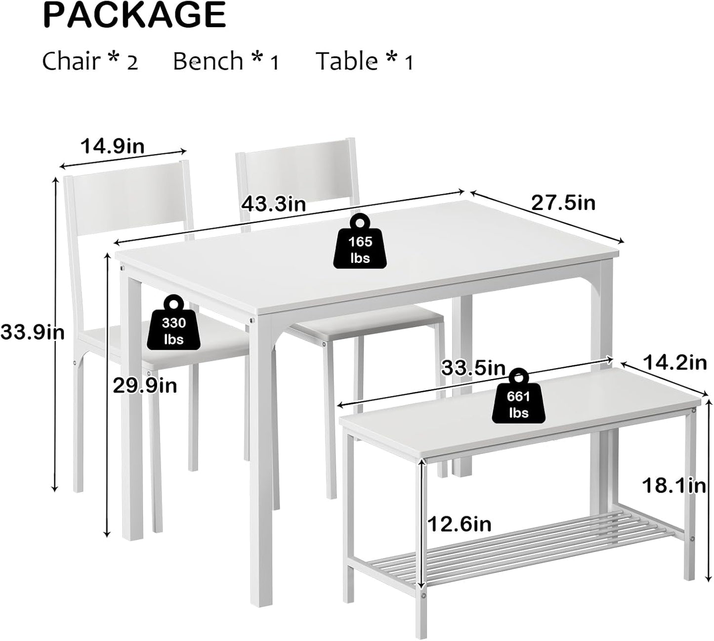 soges 4 Person Dining Table Set, 43.3inch Kitchen Table Set for 4, Dining Room 2 Chairs with Backrest, 2-Person Bench with Storage Rack, Vintage Brown