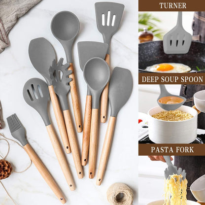 Umite Chef - Juego de utensilios de cocina de silicona antiadherentes, 33 piezas, espátula con soporte, mango de madera, juego de utensilios de cocina de silicona (caqui)