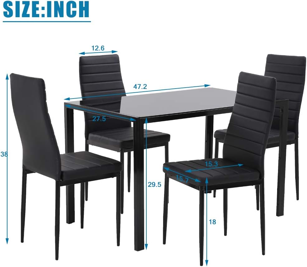 Juego de mesa de comedor FDW, juego de mesa de comedor de vidrio para espacios pequeños, mesa de cocina y sillas para 4, mesa con sillas, muebles para el hogar rectangulares modernos (vidrio negro)