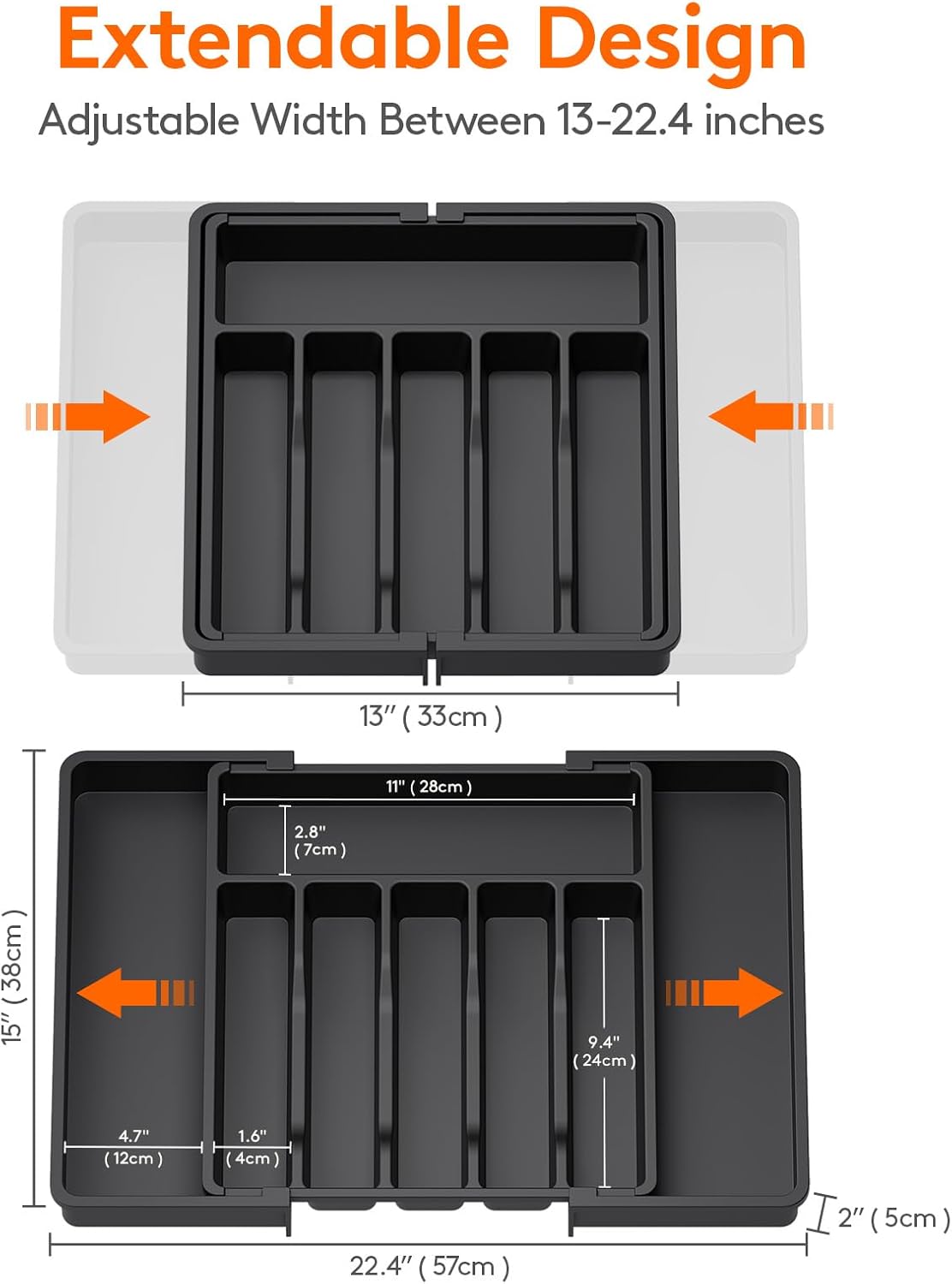 Organizador de cajones para cubiertos Lifewit, bandeja expandible para utensilios de cocina, soporte para cubiertos y cubertería sin BPA, almacenamiento de plástico ajustable para cucharas, tenedores y cuchillos, grande, negro