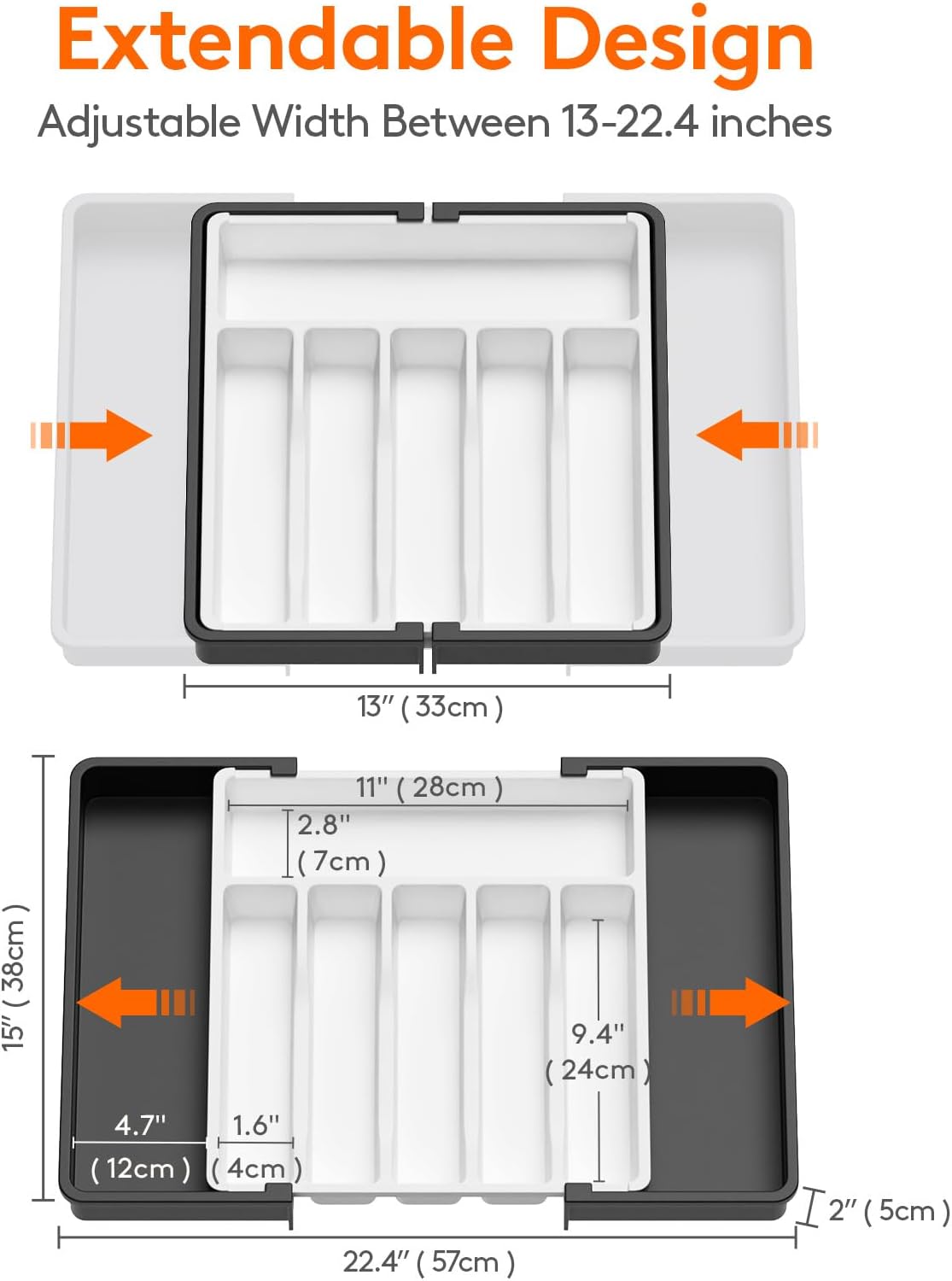 Organizador de cajones para cubiertos Lifewit, bandeja expandible para utensilios de cocina, soporte para cubiertos y cubertería sin BPA, almacenamiento de plástico ajustable para cucharas, tenedores y cuchillos, grande, negro