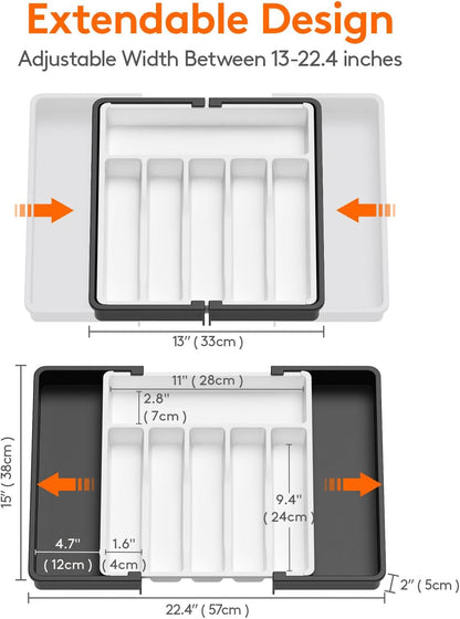 Organizador de cajones para cubiertos Lifewit, bandeja expandible para utensilios de cocina, soporte para cubiertos y cubertería sin BPA, almacenamiento de plástico ajustable para cucharas, tenedores y cuchillos, grande, negro