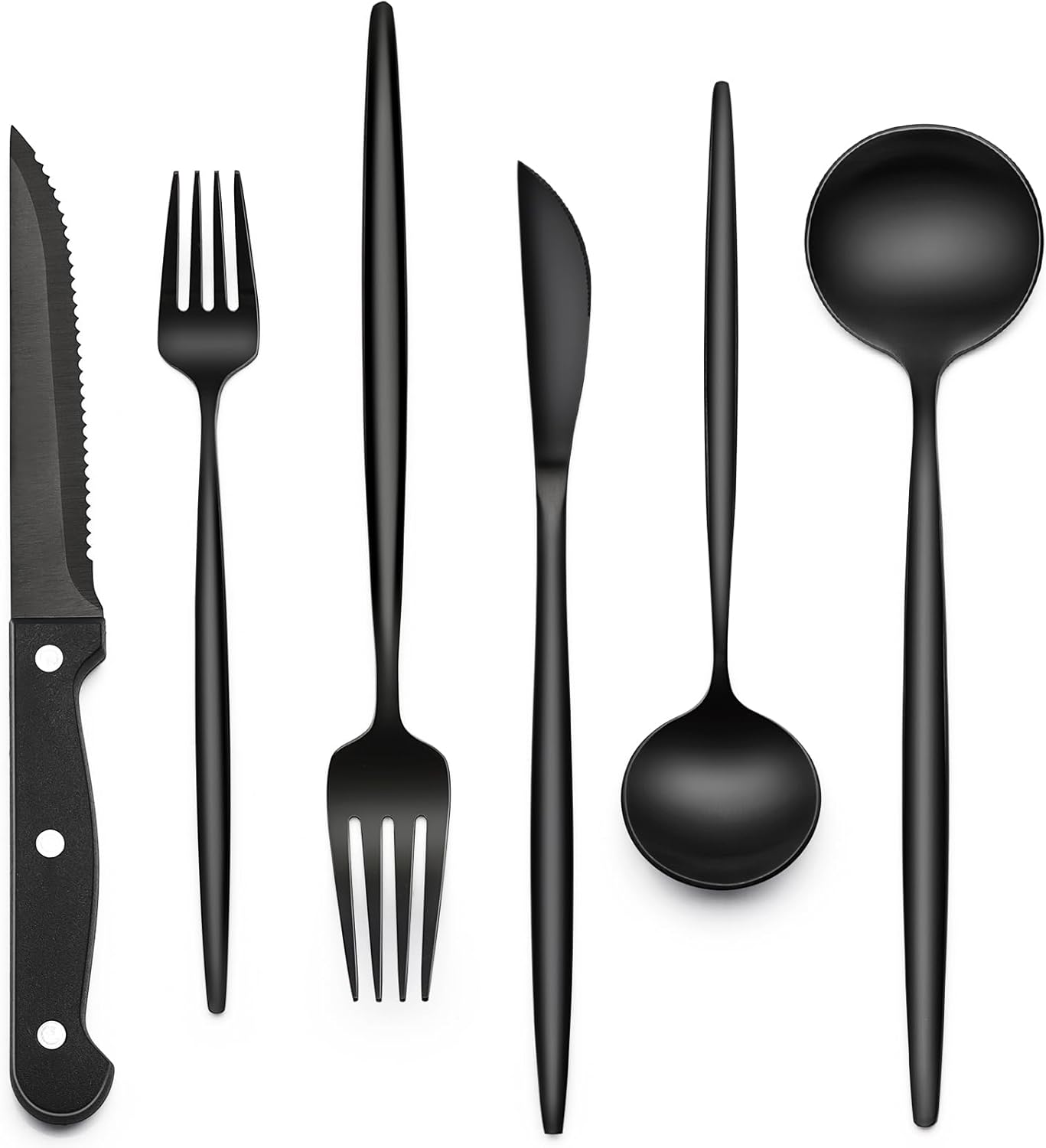 Juego de cubiertos negros de 24 piezas con cuchillos para carne, juego de cubiertos negros para 4, juego de cubiertos de acero inoxidable de grado alimenticio, juegos de utensilios con acabado de espejo para el hogar y el restaurante