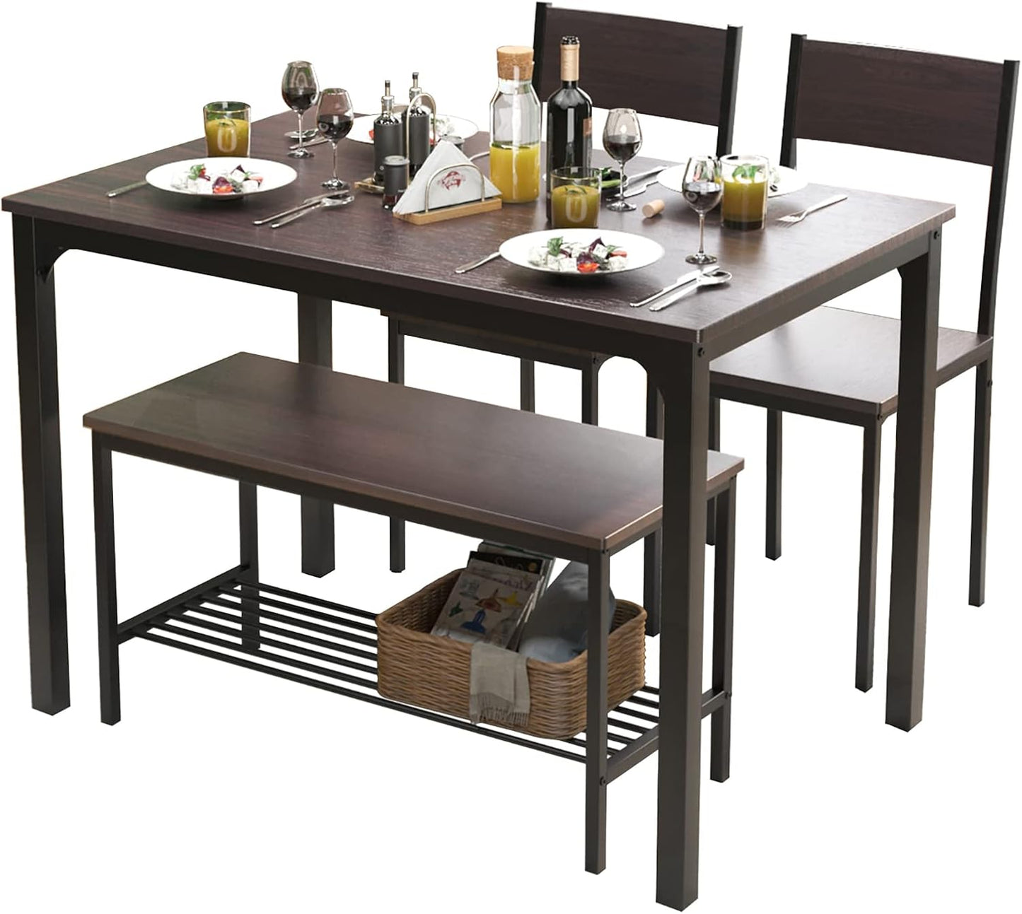 soges 4 Person Dining Table Set, 43.3inch Kitchen Table Set for 4, Dining Room 2 Chairs with Backrest, 2-Person Bench with Storage Rack, Vintage Brown