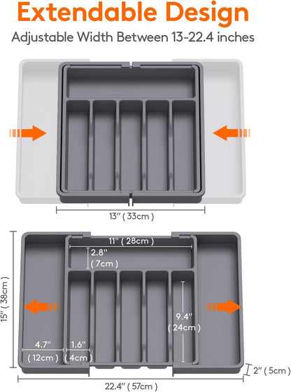 Lifewit 餐具抽屉整理器，可扩展厨房用具托盘，不含 BPA 的餐具和刀具架，可调节塑料勺子叉子刀储存架，大号，黑色