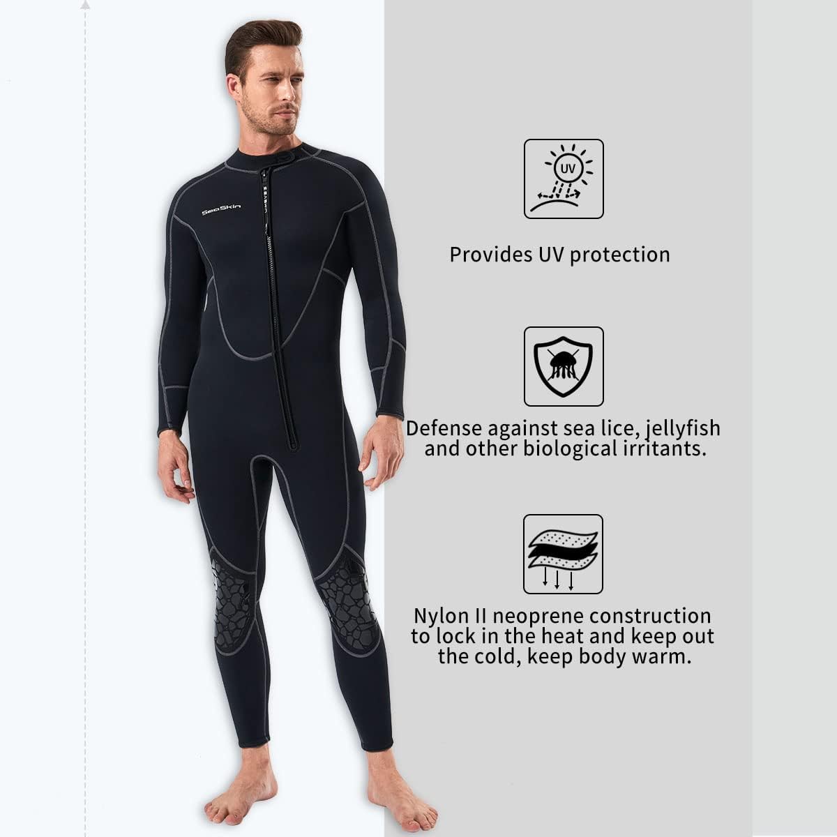 Seaskin Mens 3mm Shorty Wetsuit Womens, Full Body Diving Suit Front Zip Wetsuit for Diving Snorkeling Surfing Swimming