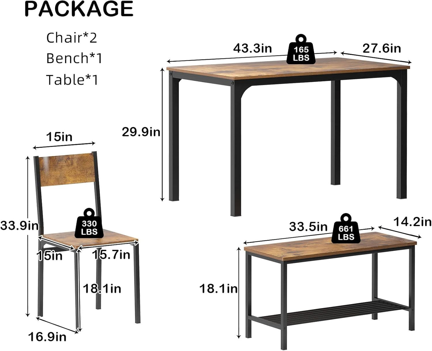 soges 4 Person Dining Table Set, 43.3inch Kitchen Table Set for 4, Dining Room 2 Chairs with Backrest, 2-Person Bench with Storage Rack, Vintage Brown