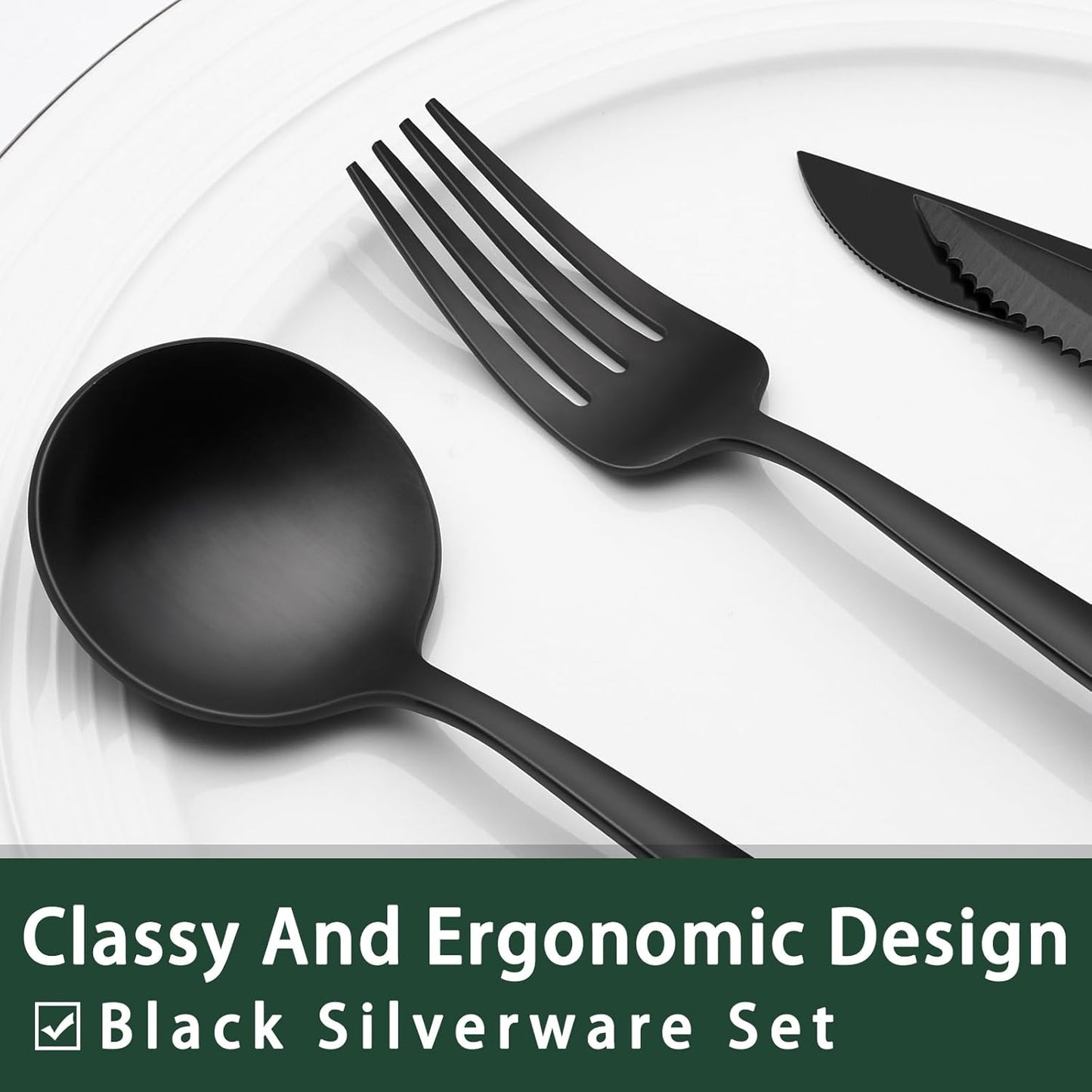 24-Piece Black Silverware Set with Steak Knives, Black Flatware Set for 4, Food-Grade Stainless Steel Tableware Cutlery Set, Mirror Finished Utensil Sets for Home Restaurant