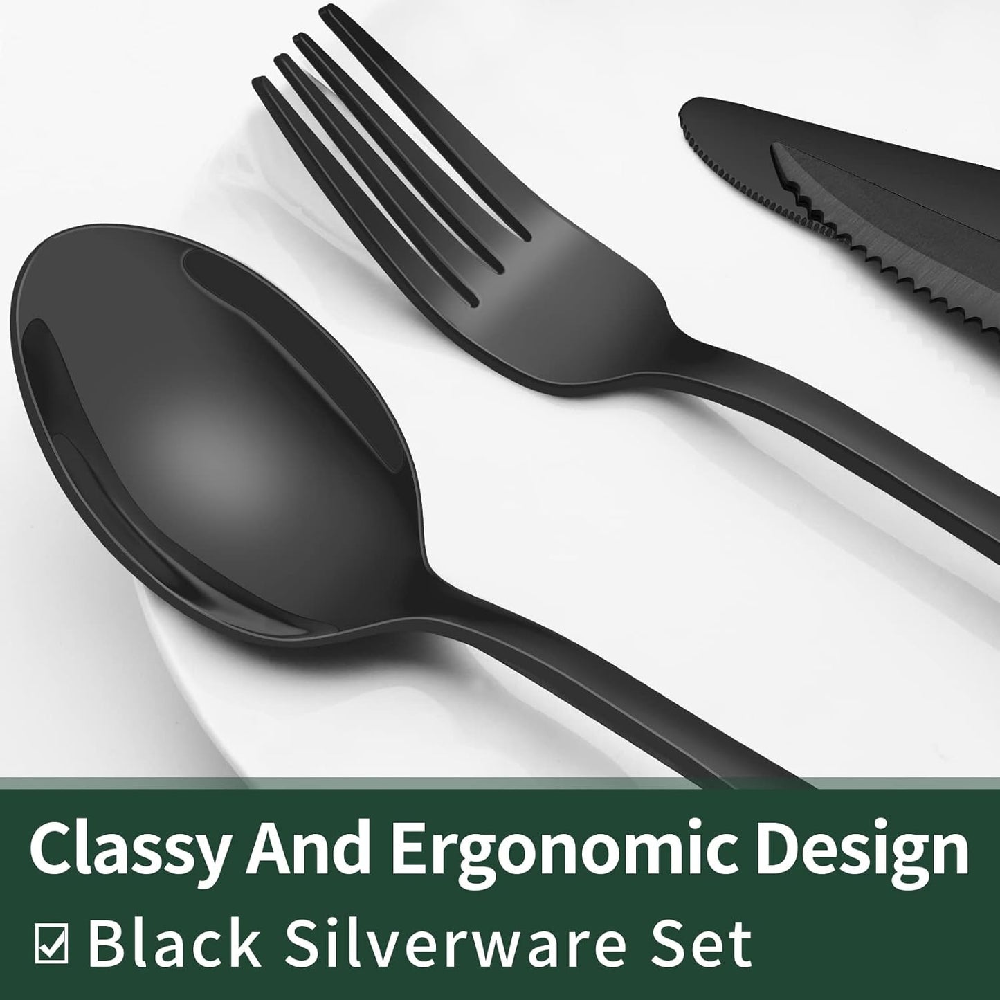 24-Piece Black Silverware Set with Steak Knives, Black Flatware Set for 4, Food-Grade Stainless Steel Tableware Cutlery Set, Mirror Finished Utensil Sets for Home Restaurant