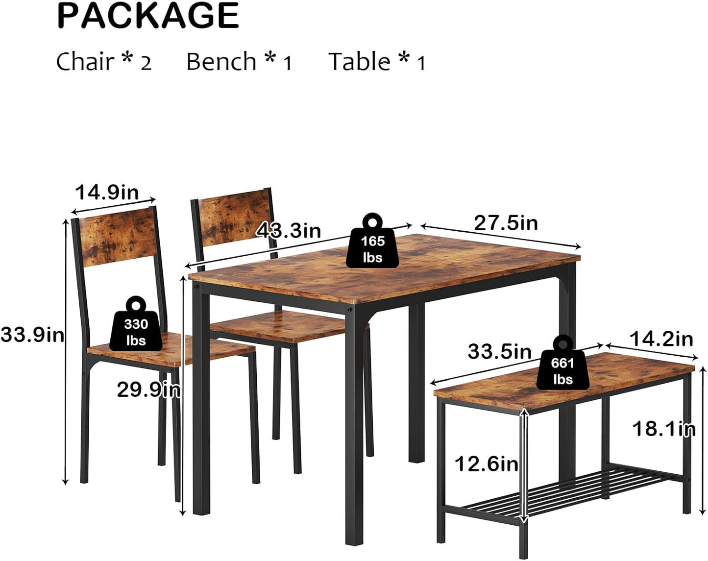 soges 4 Person Dining Table Set, 43.3inch Kitchen Table Set for 4, Dining Room 2 Chairs with Backrest, 2-Person Bench with Storage Rack, Vintage Brown